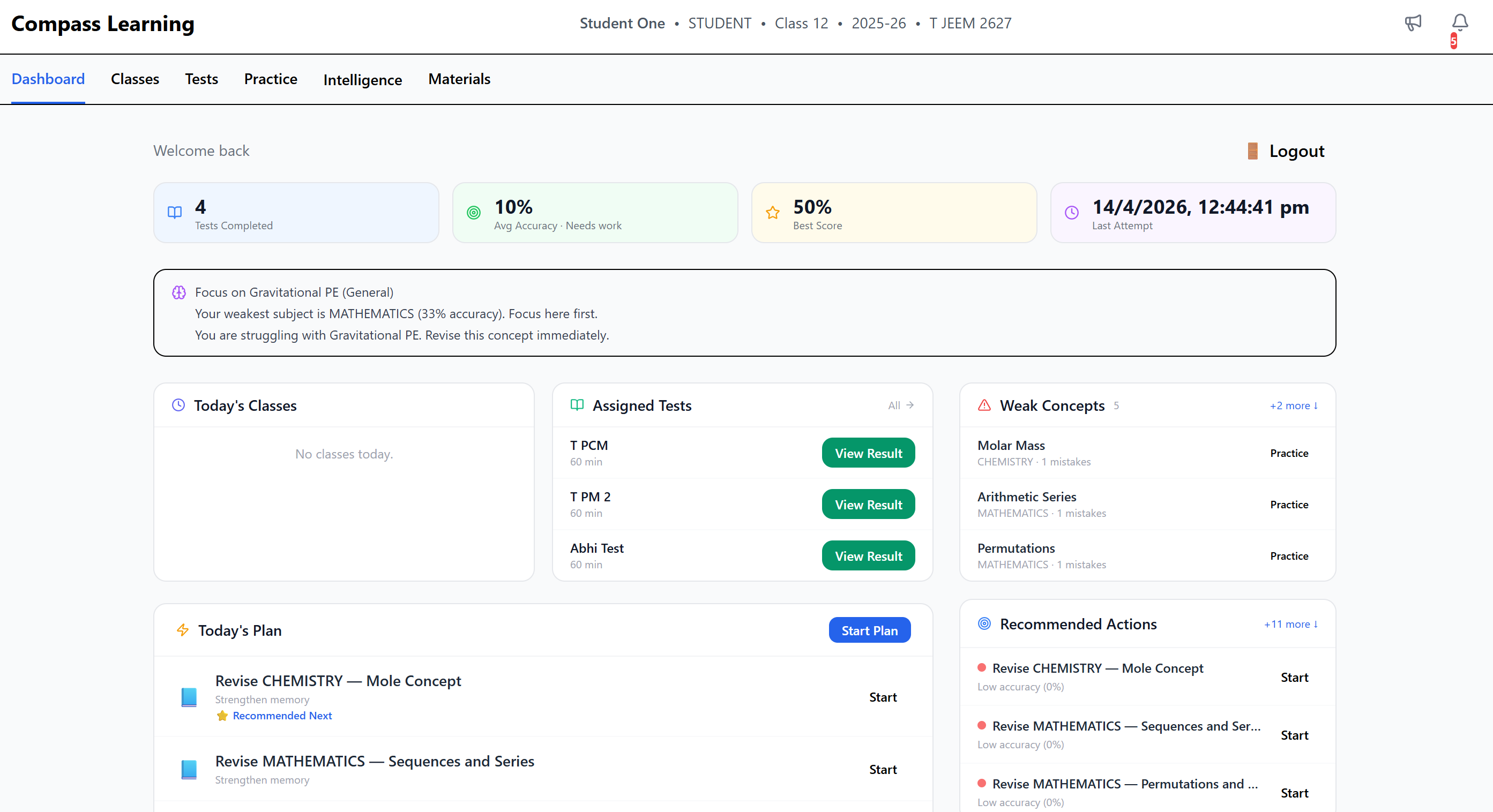 Student dashboard showing class snapshot, test results, and adaptive practice